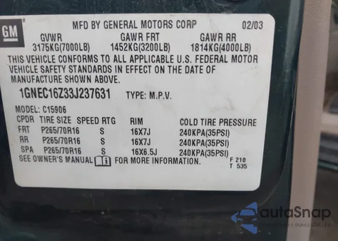 2003 Chevrolet Suburban 1500 Ls from USA, damaged, VIN 1GNEC16Z33J237631